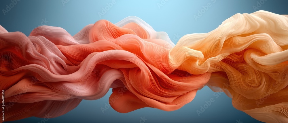 Poster a flowing composition of soft, wavy fabrics in warm hues, creating an elegant and serene visual effe