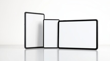 Minimalist tablet presentation with multiple perspectives, white background, blank screen for design