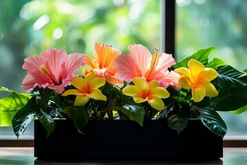 Tropical flowers window box arrangement, sunlight, greenery