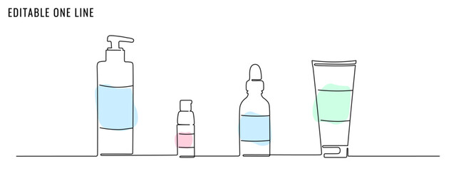 One continuous line drawing of cosmetic bottles. Concept of skin care routine. Editable stroke, vector illustration
