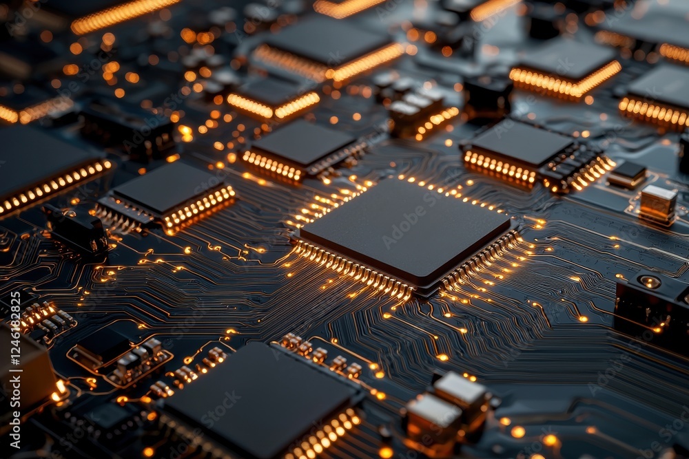 Poster a close-up view of a circuit board featuring microchips and glowing connections, illustrating modern