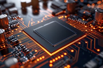 A close-up view of a modern microchip on a circuit board, highlighting intricate circuitry and glowing elements.