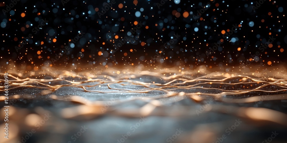 Poster a mesmerizing close-up of shimmering water reflecting lights, creating a tranquil and enchanting atm