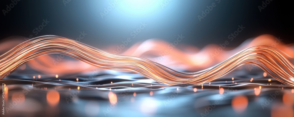 Poster a shimmering, abstract wave pattern with glowing lines and a soft blue background, suggesting moveme