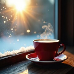 Obraz premium Frosty windows reflect the warmth of a steaming cup of coffee on a cold morning, glass, reflection