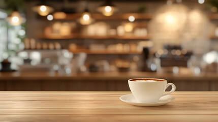 Fototapeta premium A blurred background of a coffee shop features a cup of coffee prominently in the foreground.