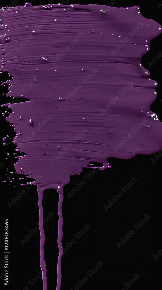 Poster rich purple paint spreads across a matte black surface, creating an artistic contrast with drips and