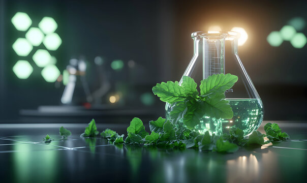 Botanical Research A close-up of fresh mint leaves next to a laboratory flask containing a vibrant green liquid, suggesting scientific research into natural plant extracts.