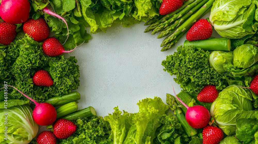 Poster A colorful array of fresh vegetables and strawberries is artistically arranged on a light surface, showcasing nature's bounty