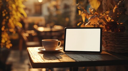 Mock-up tablet with a white screen on a rustic wooden table, cozy cafe atmosphere