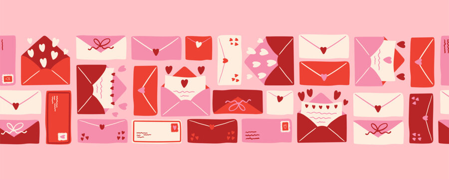 Lovely hand drawn Valentine's Day seamless pattern, cute envelopes with decorations background - great for textiles, cloth, banners, wallpapers, wrapping, vector