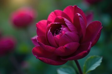 Deep plum-colored petals with intricate details unfolding, garden, allure