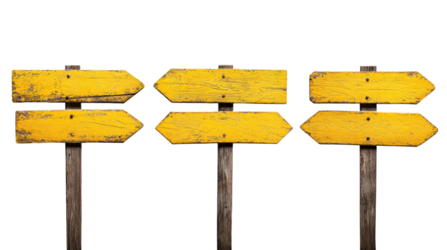 Weathered Yellow Directional Signs on Wooden Posts for Guidance, cut out