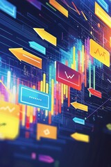 Vivid business sales background with colorful arrows, ecommerce tags, and financial charts in motion.
