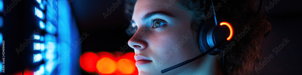 Poster close-up of person with headset viewing digital display