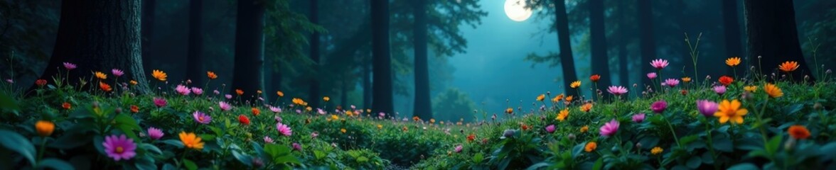 Dark forest floor covered in wildflowers blooms under the moonlight, greenery, dark