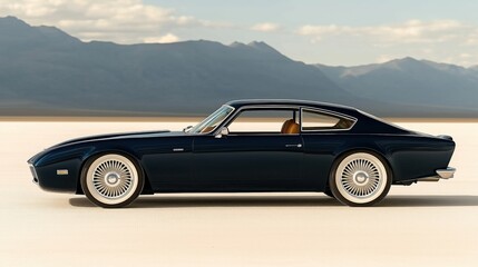 A black 1960s muscle car with a sleek and powerful design, captured in a stunning desert landscape. The vehicle's iconic profile stands out against the open landscape, reflecting its timeless design a