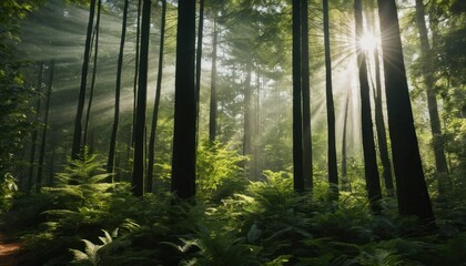 Obraz premium Peaceful Forest with Sunlight Streaming Through the Trees