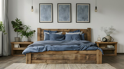 Rustic wooden bed with blue pillows and two bedside cabinets against white wall with three posters frames. Farmhouse interior design of modern bedroom