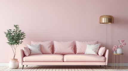 Cozy Pink Living Room Interior with Modern Design, Elegant,Minimalist Aesthetic, Stylish Space for Relaxation, Warm,Inviting Home Ambiance, Comfortable,Chic Furniture Arrangement, Feminine,Soft Color 