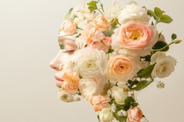 Silhouette of a Woman's Face Filled With Blooming Flowers on a Soft White Background in a Minimalist Setting