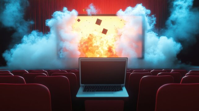 Abstract laptop movie theater with tocket launching off screen, Entrepreneurship concept. 3D Rendering