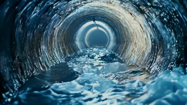 video of underground urban sewer tunnel with vaulted ceilings, filled with dirty sewage