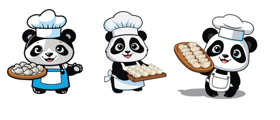 three cartoon-style depictions of a panda bear dressed as a chef. Each panda is set against a plain white background and presented in a front-facing view. All three pandas are wearing a white chef's h