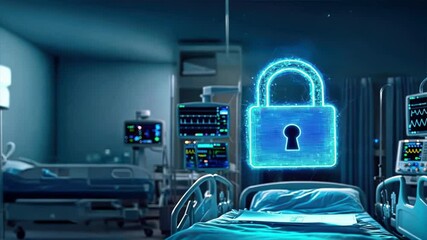A glowing blue digital padlock hovers over a hospital bed representing healthcare data security, medical data protection, and cloud security in healthcare facilities