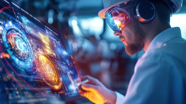 A solar power plant being monitored by AI systems, with engineers reviewing data on holographic screens under a bright, sunny sky