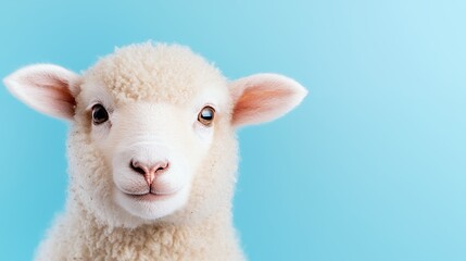 Obraz premium Cute lamb portrait, light blue background, farm animal, spring