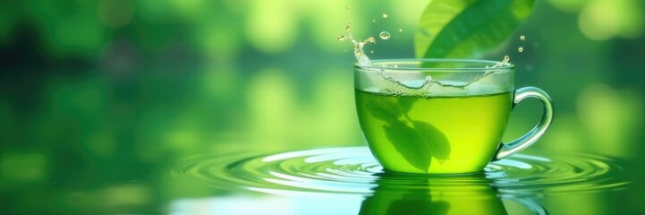 A splash of green herbal tea on a calm and peaceful lake surface, serene, tea, green