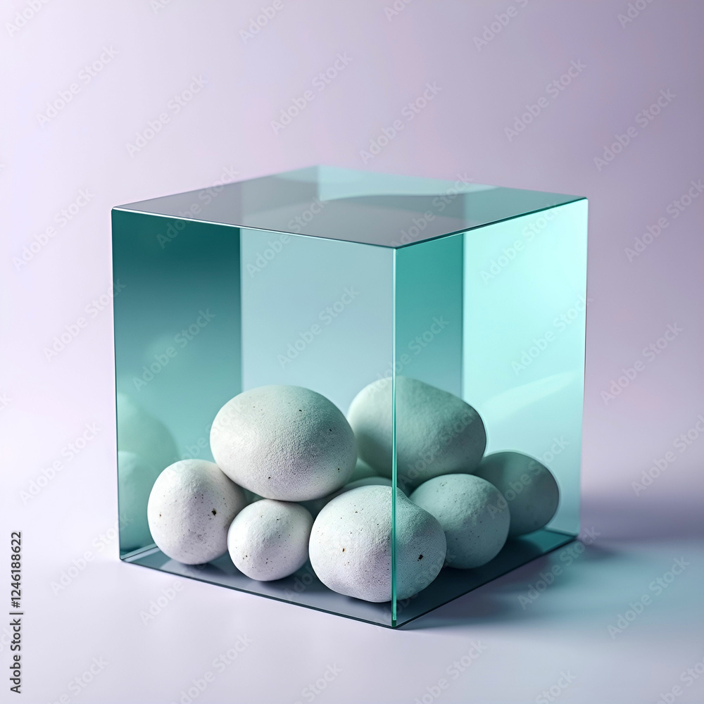 Aufkleber design featuring a transparent, frosted cube with soft, diffused edges, filled with smooth, rounded 