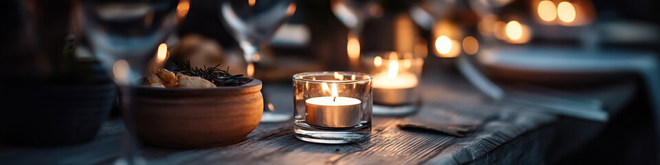 Table Setting with Lit Candle and Food Bowl