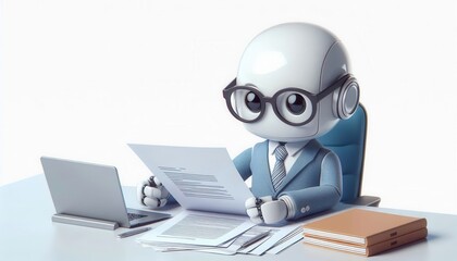 Robot analyzing financial documents office digital art clean environment front view automation