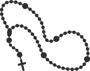 Catholic rosary beads. Christian necklace with cross. Prayer chain with crucifix. Religious jewelry silhouette