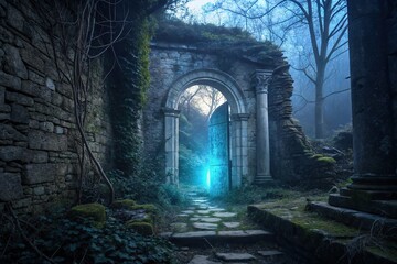 Fototapeta premium Double-exposed shot: ancient portal, blue light, ruins, ritual.