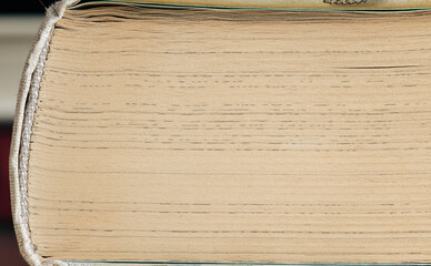 The spine of a well-worn book is captured, showcasing the intricate layers of paper and binding....