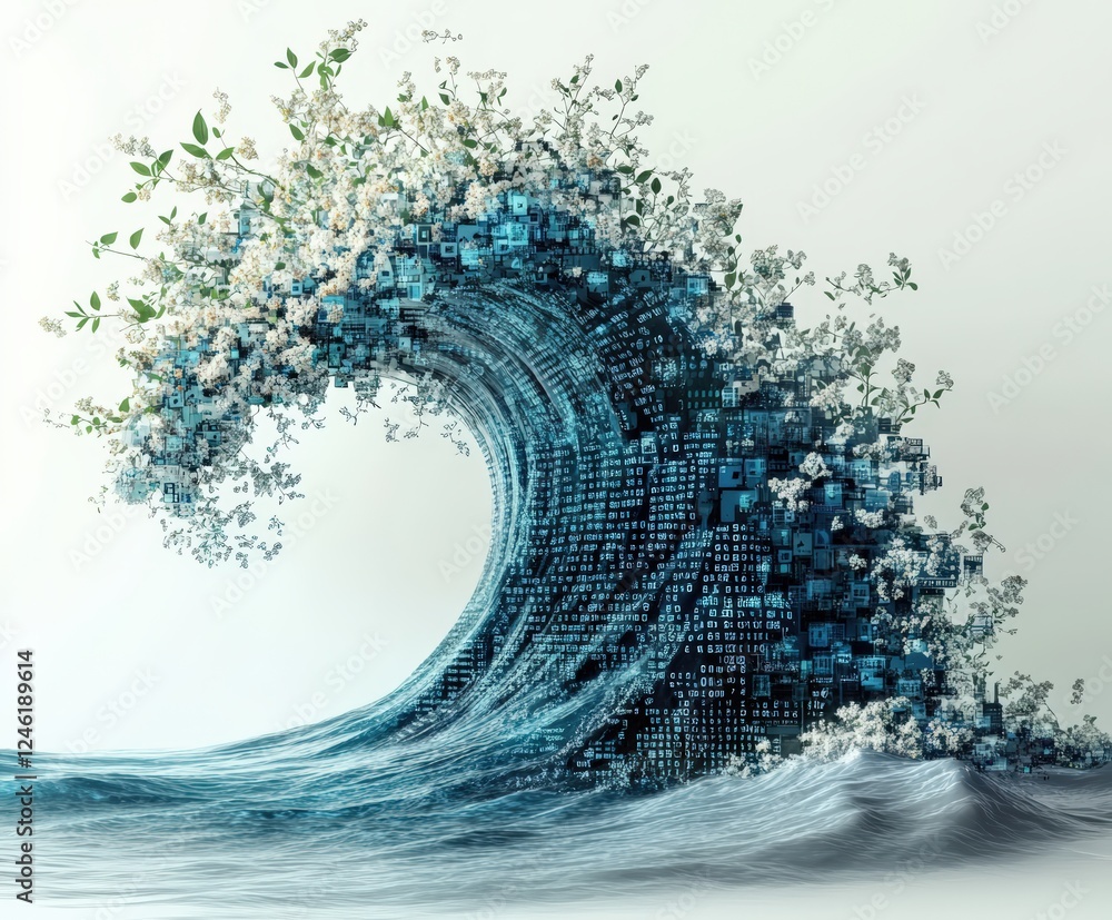 Poster digital wave made of flowers and binary code, symbolizing technology and nature