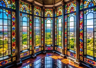 Obraz premium Drone captures stained glass artistry at Chapultepec Castle, Mexico City's architectural jewel.