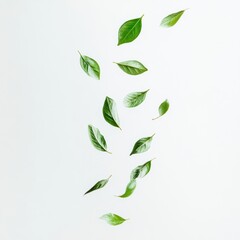 Falling green leaves on a light background.