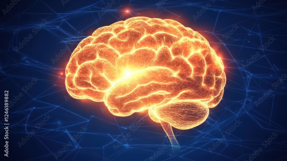 Poster scientific depiction of the brain and nervous system highlighting neuron pathways with glowing effec