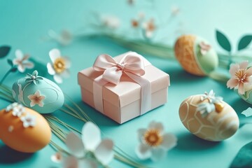 Beautiful pastel gift box surrounded by decorated Easter eggs and flowers