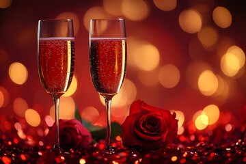 Romantic Evening Celebration with Sparkling Champagne and Red Roses