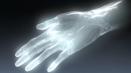 Futuristic glowing hand reaching out, translucent, digital art, technology concept.