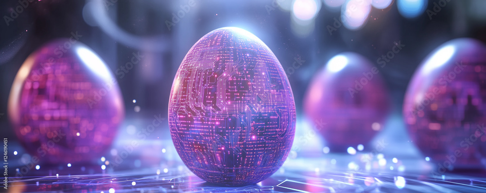 Poster surreal easter concept featuring vibrant ai-inspired purple eggs with digital patterns in a futurist