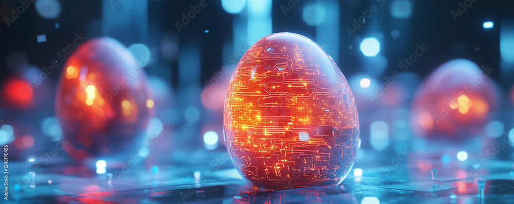 Poster surreal ai-inspired easter concept with glowing digital eggs in a futuristic setting
