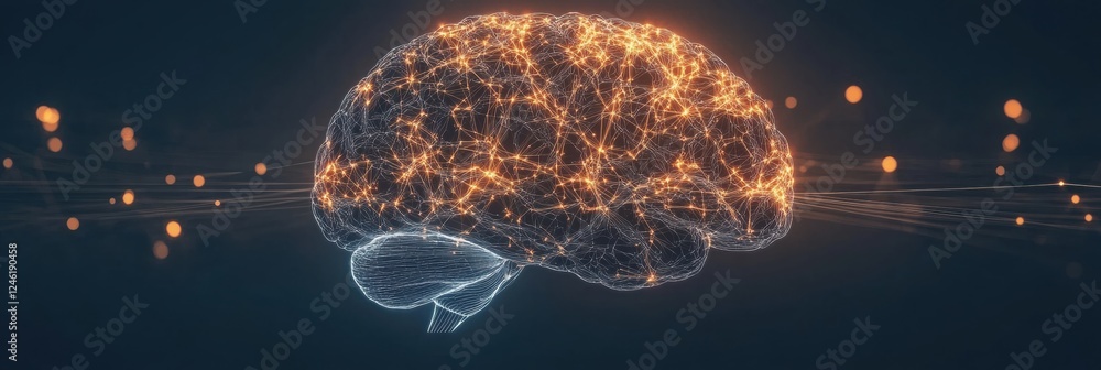 Poster scientific illustration of brain and nervous system showcasing glowing neuron pathways and electrica