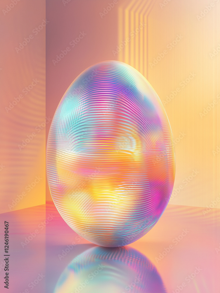 Poster geometric abstract easter composition featuring a colorful egg with a radiant surface in a softly li