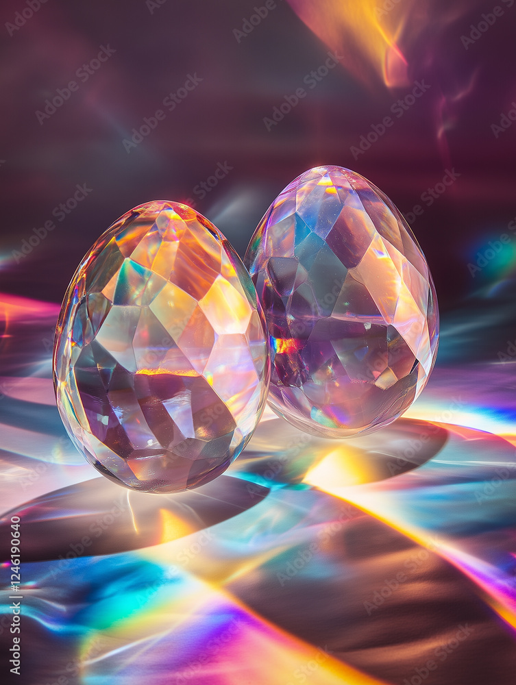 Aufkleber crystal easter eggs reflecting vibrant light patterns on a smooth surface during a colorful display